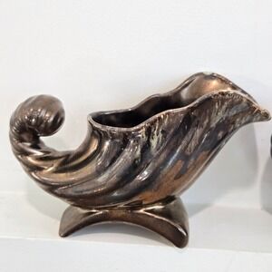 Pair 2 Vtg Bronze colored Ceramic Cornucopia Planter Pottery MCM Traditional EUC